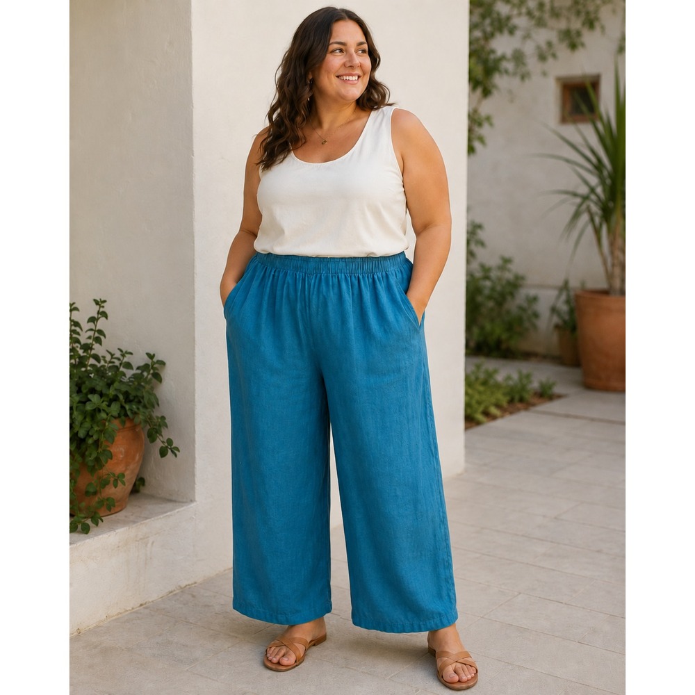 Bryn Walker 100% Linen Super Wide Leg Elastic Waist Pants Plus Size 3X Teal Blue